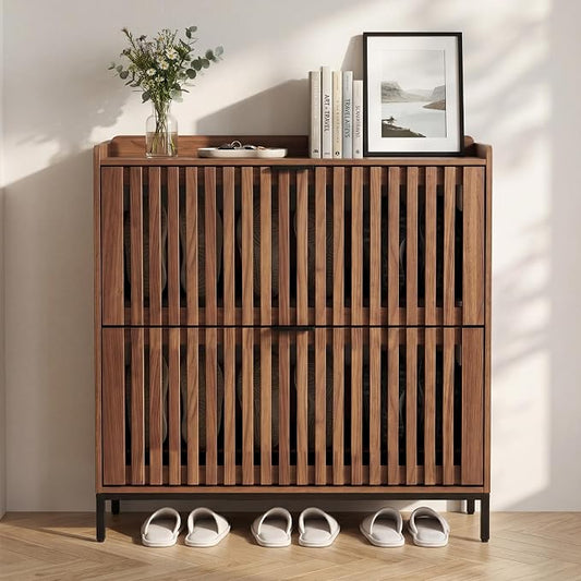 Shoe Cabinet for Entryway, Slim Freestanding Shoe Rack Organizer with 2 Flip Drawers, Narrow Hallway Storage Cabinet with Breathable Doors, Classic Walnut