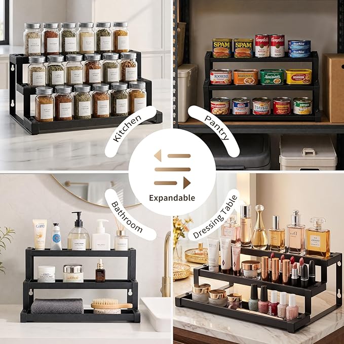 Expandable Spice Rack Organizer for Cabinet, 3-Tier Adjustable Spice Shelf 16"-29", Seasoning Organizer for Cabinet, Pantry & Countertop, Storage Rack for Jars, Bottles & Cans