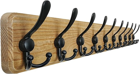 Coat Rack Wall - Heavy-Duty 38-1/4" Long, with Reinforced 10 Custom Tri-Hooks, Solid Wood Wall Hanger for Coats Hat Jackets - Rustic Farmhouse Entryway Hallway Storage, Weathered Brown & Black