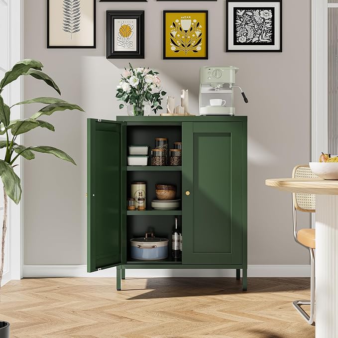 Bevivog Small Bathroom Storage Cabinet, Green Metal Locker Cabinet with 2 Doors and 2 Adjustable Shelves, Metal Floor Cabinets Sideboard for Home Office, Living Room, Hallway, Entryway