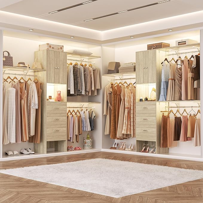 Armocity 96 Inches Closet System with Doors, 8FT Walk In Closet Organizer with 2 Shelving Towers, Heavy Duty Clothes Garment Rack with 3 Wood Drawers, 96"L x 16"W x 80"H, Max Load 1000 LBS, White Oak