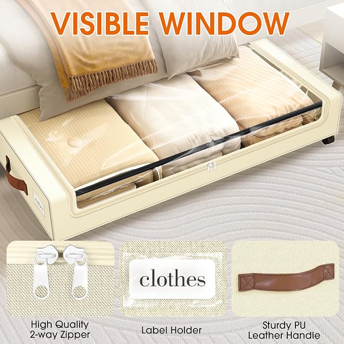 SpaceHacks Under Bed Storage with Wheels 1Pack Underbed Storage with Clear Window&Label Under Bed Drawers Large Capacity Rolling Under Bed Storage for Clothes,Shoes, Blankets (Beige)