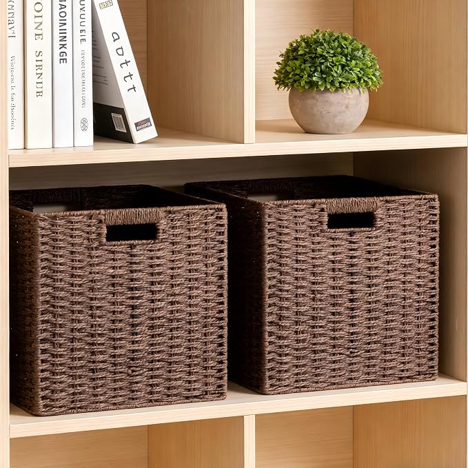 UBBCARE 3 Pack Wicker Basket, 11L×11H×10.5W inch Woven Paper Rope Storage Baskets for Shelves, Foldable Cube Storage bin with Handle, Storage Basket for Organizing & Decor, Brown
