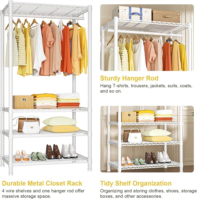 Ulif H2 Heavy-Duty Portable Closets, 4-Tier Freestanding Garment Rack Suit for Small Space and Corner, Closet Organizer System Portable Closet Wardrobe, Max Load 500 LBS, White | Metal Closet System for Hanging Clothes with Shelves and Hangers, Clothin...