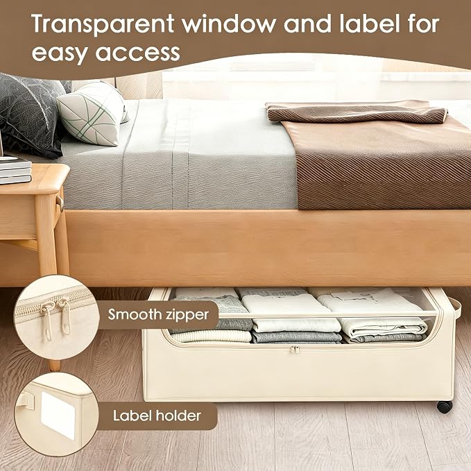 Under Bed Storage with Wheels, 2-Pack Under the Bed Storage Containers with Clear Lids & Label, Underbed Storage Bins, XXXL 85L 11 inches Rolling Metal Drawer for Clothes, Shoes, Toys, Books - Beige