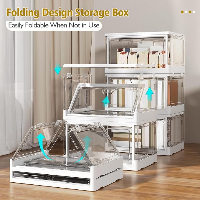 Kmiectse Clear Storage Bins with Lids 3 Pack 【Stackable & Sturdy】 | Plastic Multifunctional Folding Storage Bins for Bedroom, Living Room, Study,Room, 23 QT Folding Box with Magnetic Door