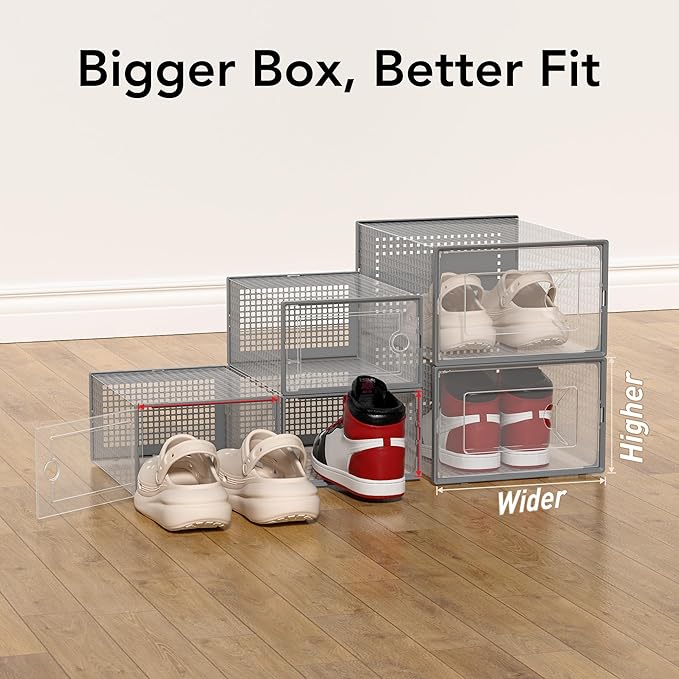 Foluck X-Large Shoe Storage Box, 15 Pack Clear Plastic Stackable Shoe Organizer for Closet, Interlocking Design Shoe Container Bins for Sneakers, Foldable Shoe Rack with Lids, Gray