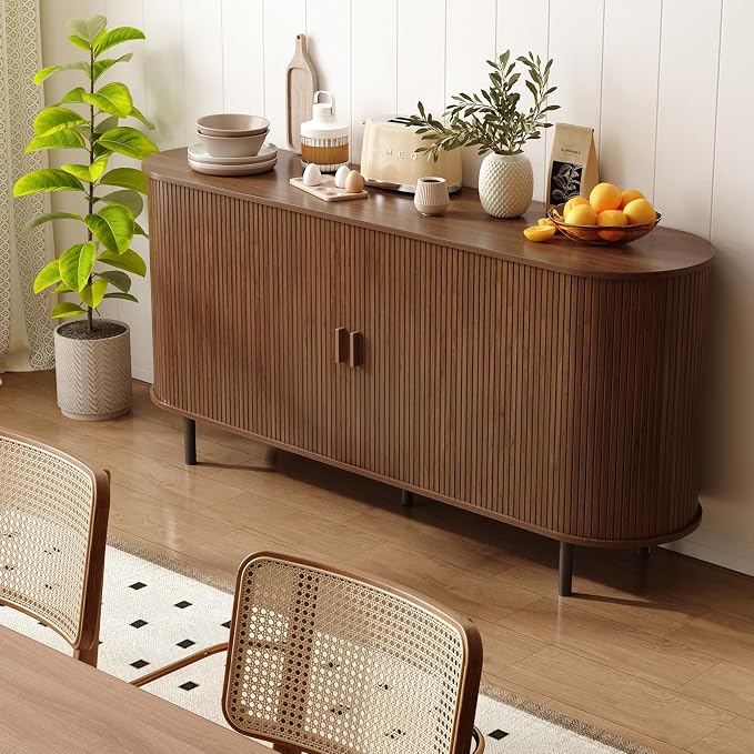 63" Sideboard Buffet Cabinet with Storage, Storage Cabinet with Sliding Door & Adjustable Shelf, Modern Accent Coffee Bar Console Table for Kitchen, Entryway, Walnut