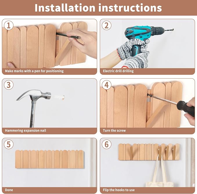 Wall Coat Rack for Entryway: Folding Wood Modern Heavy Duty 8 Hooks | 21.6'' Wall Mounted for Boho Home Decor Bathroom Bedroom Hallway for Hanging Towel Jacket Backpack Bag