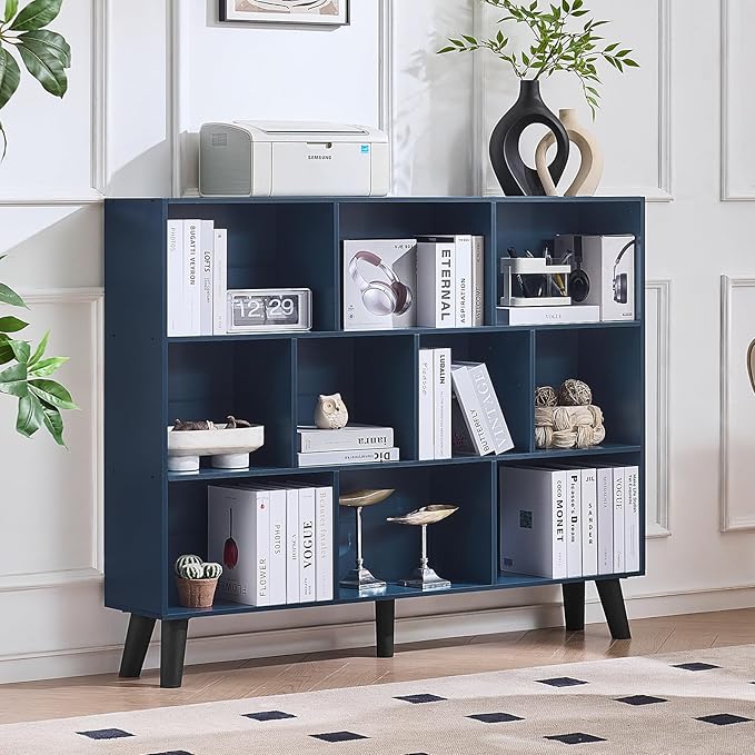 LEYAOYAO 10 Cube Bookshelf,Mid-Century Modern Bookcase with Legs,Dark Blue | 3 Tier Book Shelf, 55" Wide Rustic Wood Bookshelves Large Storage Organizer, Open Shelves for Bedroom, Living Room, Office