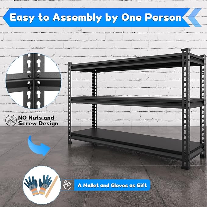 48" W Garage Shelving Heavy Duty, 1500LBS Loads Adjustable Garage Storage Shelves, 3-Tier Metal Shelving Units and Storage Racks, Industrial Utility Shelf,48" Wx18 Dx39 H, Black