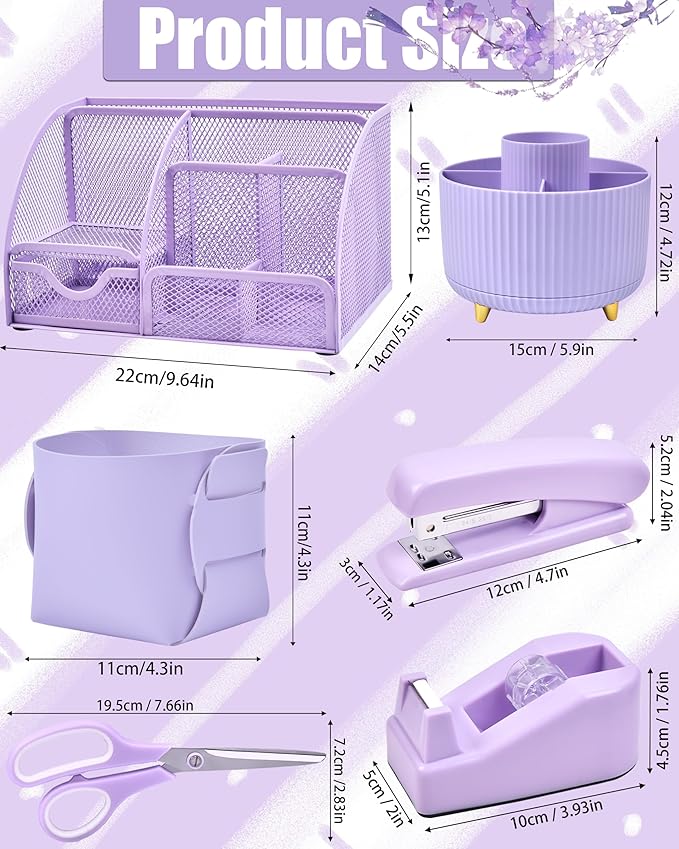 LXEVIHK 21Pcs Purple Desk Organizers and Accessories With Mesh Desk Organizer and 360°Rotating Pen Holder and a Lot of Office Purple Office Supplies Beautifully Presented in a Gift Box