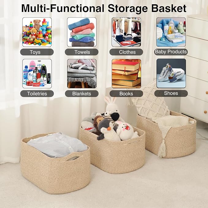 ICERZCZ Large Storage Baskets for Organizing Shelves, Woven Cotton Rope Bins for Baby Nursery Organization, Book Toy Towel Organizer, 17"x13"x9.5", 3 Packs, Brown
