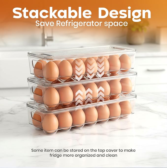 Utopia Home Egg Container With Lid and Handle for Refrigerator - Pack of 4 - Clear Stackable Egg Holder for Kitchen Storage and organization