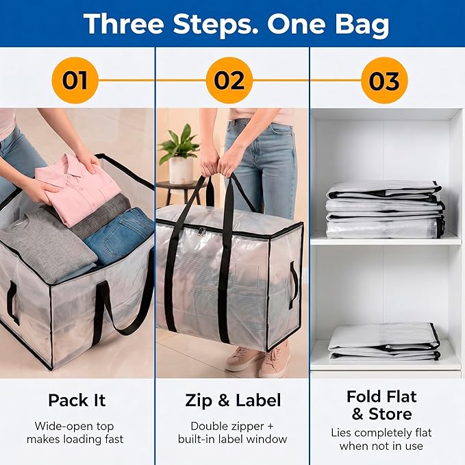 ClearSpace Oversized Moving Bags or Storage Bag – Large Moving Boxes with Backpack Straps, Zippers & Handles – Heavy-Duty Packing Bags for Moving, College Dorm, Christmas Decorations, 6 Pack