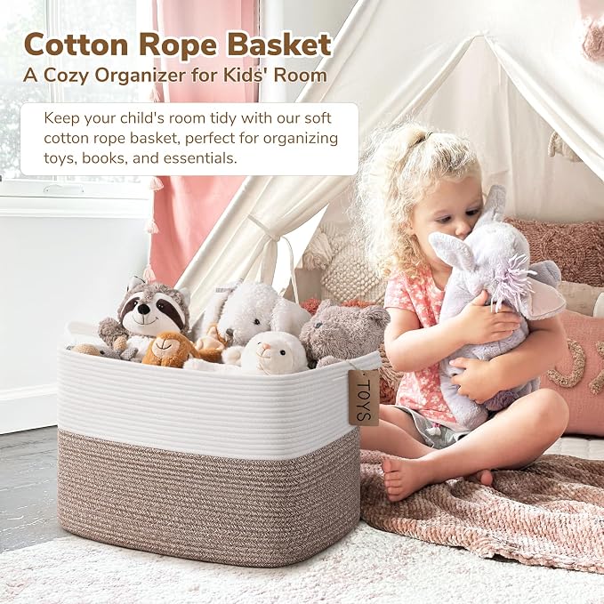 Goodpick Large Rectangle Cotton Rope Storage Basket, Brown | 50L, 18 × 14 × 12 in, Reinforced Handles, Blankets, Toys & Clothes Storage, Living Room, Bedroom & Nursery Organization