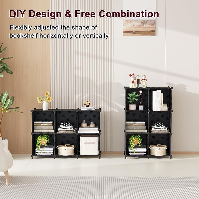 UNKU 6 Cube Storage Organizer, Closet Organizer Storage Shelves, Black | DIY Stackable Bookcase, Clothes Organizer Shelf for Closet, Bedroom, Living Room, Cabinet, Home, Office