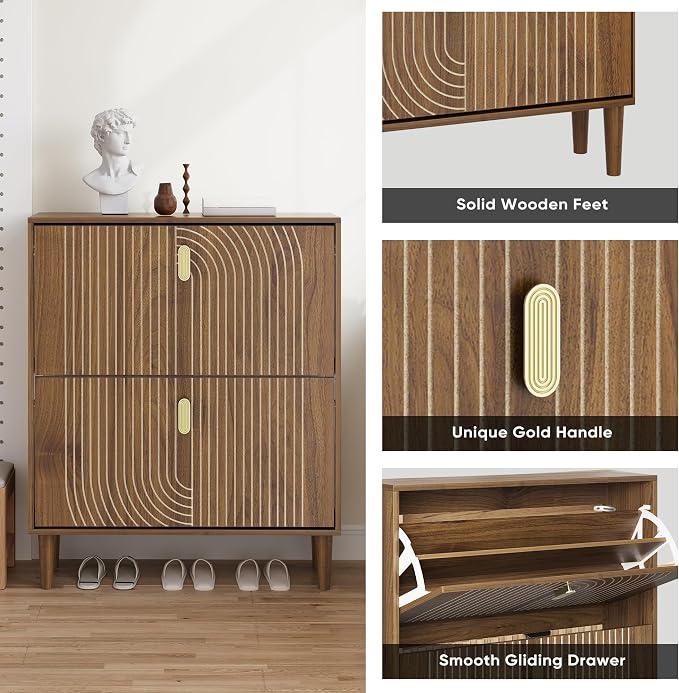 Smuxee Shoe Cabinet with 2 Flip Drawers, 31.5" Walnut Hidden Shoe Storage Cabinet with Line Groove Design, Freestanding Shoe Organizer Cabinet for Hallway, Entryway, Living Room