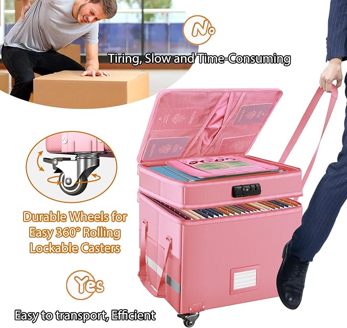 DocSafe File Box with Lock,2-Layer Fireproof Document Box with Wheels,Collapsible Rolling File Storage Organizer with Pockets,Large Portable Home Office Filing Cabinet Safe for Hanging Folders,Pink