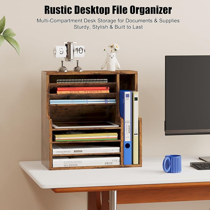 Wood Desktop File Holder Organizer Mail Sorter for File Folders, Mails, Envelopes or Magazines, 8 Compartments (Brown)