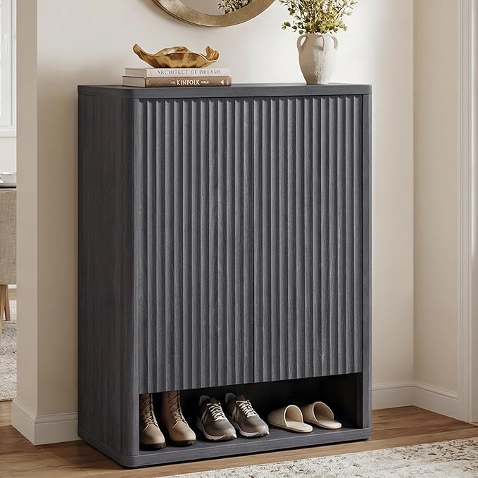 SICOTAS Shoe Cabinet 44 inch Tall Fluted Shoe Cabinet with Doors & 4 Shelves Wooden Large Hidden Shoe Storage Organizer Modern Free Standing 6-Tier Cabinet for Entryway Living Room Closet
