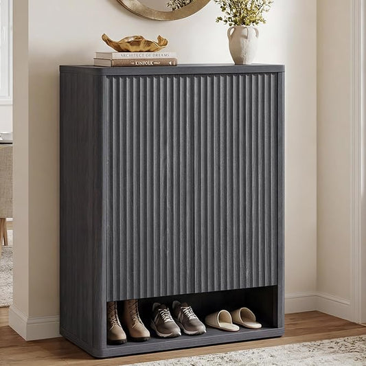 SICOTAS Shoe Cabinet 44 inch Tall Fluted Shoe Cabinet with Doors & 4 Shelves Wooden Large Hidden Shoe Storage Organizer Modern Free Standing 6-Tier Cabinet for Entryway Living Room Closet