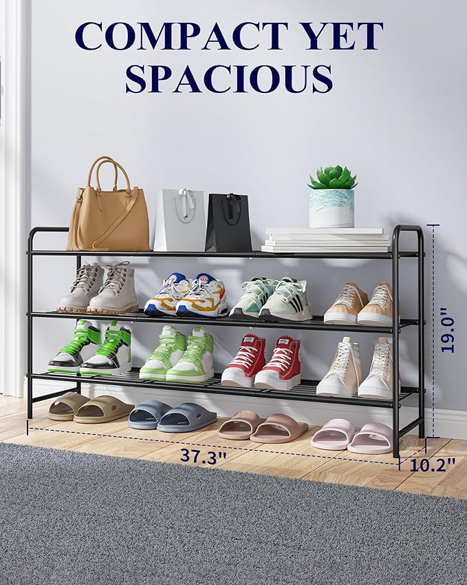 Kitsure Stainless Steel Shoe Rack Organizer, 37.3" Wide - 3 Tier, Black | Sturdy Shoe Rack for Closet and Entryway, Free Standing Shoe Shelf, Closet Organizers and Storage
