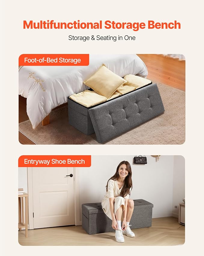 VEVOR Foldable Storage Ottoman Bench, End of Bed Bench with Side Bags, Folding Upholstered Storage Chest Supports 660 lbs, Linen Bed Ottoman with Large Space for Living Room, Bedroom, Entryway, Grey