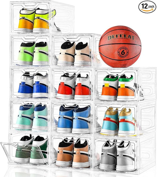 12 Pack Thicken & Sturdy Clear Shoe Storage Organizer with Magnetic Door, Shoe Boxes Clear Plastic Stackable for Closet, Shoe Rack for Sneaker Boot Container, Shoe Cabinet Fit up to US Size 12