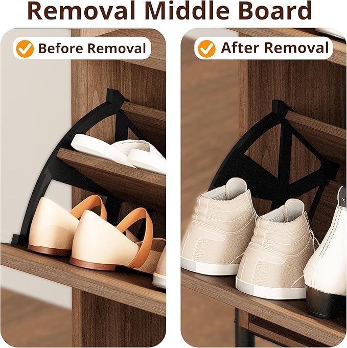 IRONCK Shoe Cabinet Storage with 2 Flip Drawers, Free Standing Wooden Shoe Storage Organizer Cabinet with Rattan Doors for Entryway, Narrow Shoe Rack Cabinet, Walnut