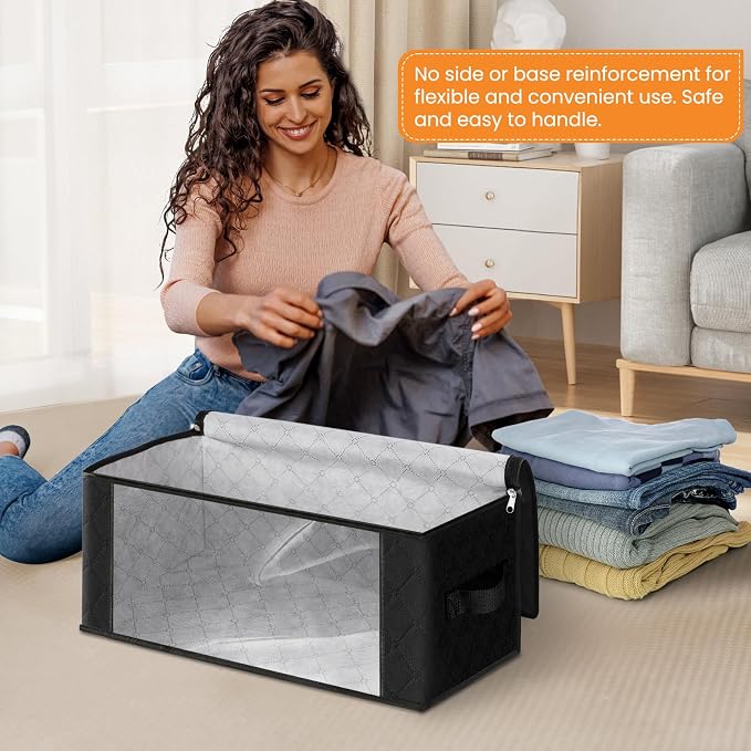 Fab totes 35L Closet Organizers and Storage, Foldable Under Bed Storage Containers, Storage bags for Organizing Bedroom, Closet, Clothing,Organization with Handle (4 Pack,Black)