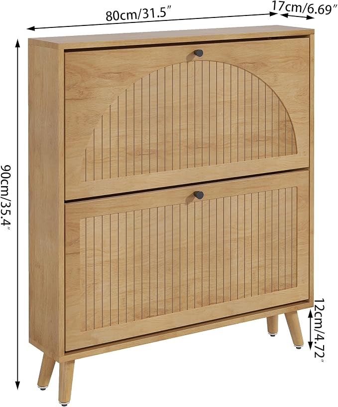 Fsbecl Shoe Storage Cabinet for Entryway with 2 Flip Drawers, Narrow Wood Shoe Cabinet with Fluted Panel, Freestanding Hidden Shoe Organizer for Hallway
