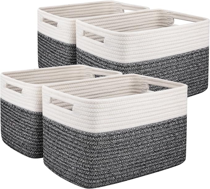 OIAHOMY 4 Pack Storage Basket, 13"x9"x7.8" Cotton Rope Baskets for Shelves, Closet Organizer for Bedroom & Living Room, Soft Decorative Bins for Organizing Towels, Books & Toys, Black & White