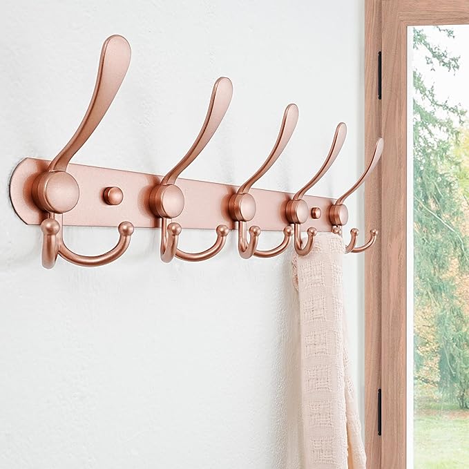 Dseap Coat Rack Wall Mounted - 5 Tri Hooks, Heavy Duty, Stainless Steel, Metal Coat Hook Rail for Coat Hat Towel Purse Robes Mudroom Bathroom Entryway (Rose Gold, Pack of 2)