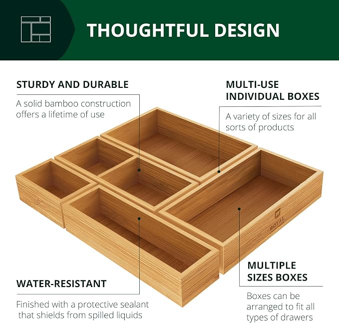 ROYAL CRAFT WOOD Premium Carbonized Bamboo Decorative Boxes - Drawer Organizer Set (5-Piece) – Wood Storage Boxes for Kitchen, Bathroom, Office & Makeup