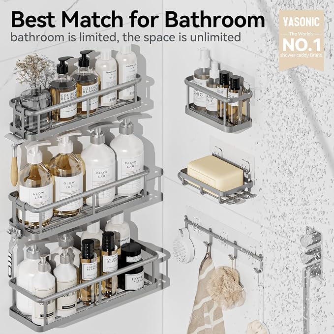 YASONIC Shower Caddy Adhesive, Rustproof Shower Organizer with Soap Holder, Large Capacity Shower Shelves for Inside Shower, No Drilling Bathroom Organizers and Storage for Home Decor（6 Pack Grey）