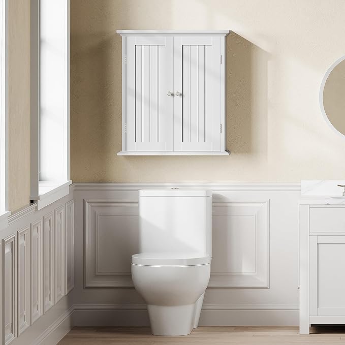 ChooChoo Bathroom Wall Cabinet with 2 Doors, Over The Toilet | 8.8"D x 21.1"W x 24"H, Medicine Cabinet, Adjustable Shelves, Cupboard, White