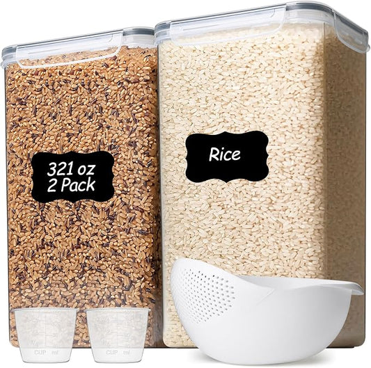 ComSaf Airtight Rice Storage Container with Lid 10Qt 2Pack, Large Capacity | 9.5L Plastic Food Canister, Rice Sugar Flour Cereal Oats Pasta, Pantry Kitchen Cabinet, Label, Scoop, Rice Washer, BPA-free