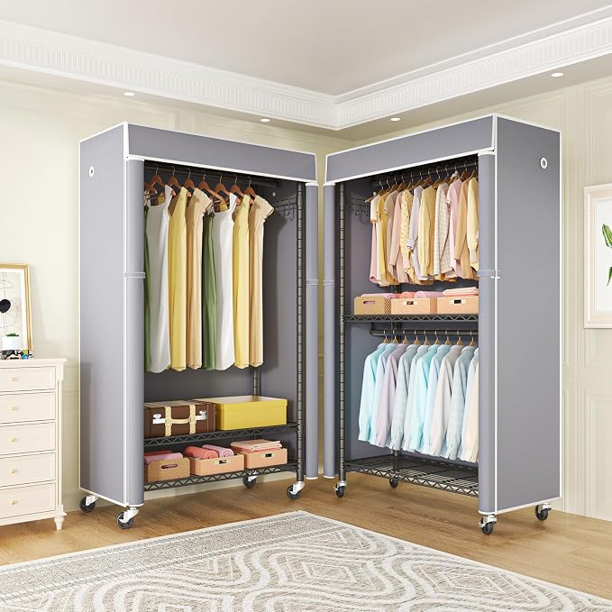 Black Clothing Rack with Grey Cover, P1C Rolling Closets with Wheels, Metal Garment Rack for Hanging Clothes, Clothing Storage Wardrobe, 36.2" W x 16.5" D x 80.5" H, Load 450 Pounds