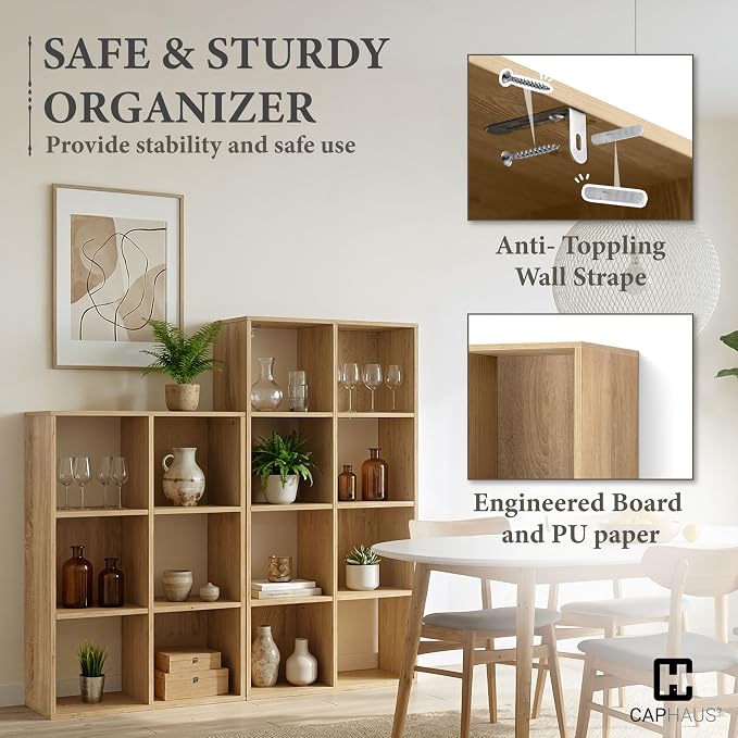 CAPHAUS Sturdy Room 11-Inch Cube Storage Organizer Shelf, with Thick Exterior Edge, Storage Shelf Divider w/Back, Bookcase, 9-Cube, Natural Oak
