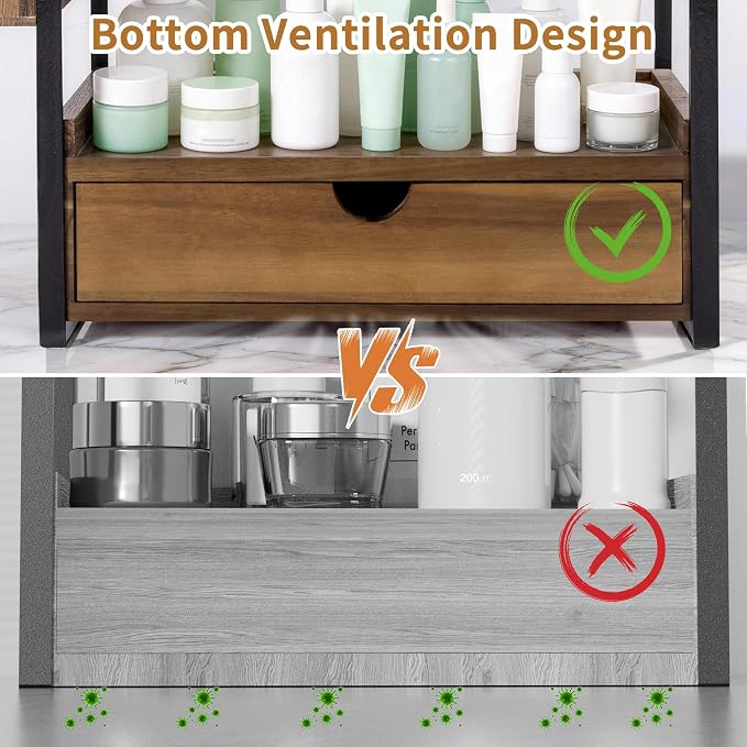 2-Tier Bathroom Counter Organizer, Acacia Wood Vanity Shelf with Drawer | Pre-Drilled Holes, Skincare & Makeup Countertop Organizer and storage, Acacia Dark Brown