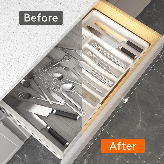 Lifewit Extra Large Silverware Drawer Organizer, Expandable Utensil Tray for Kitchen, BPA Free Flatware and Cutlery Holder, Adjustable Plastic Storage for Spoons Forks Knives, 13-22 x 15, White