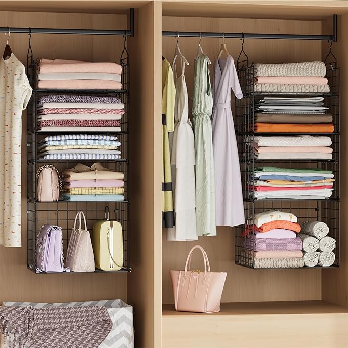X-cosrack Closet Hanging Organizer Shelves - 5 Tier Wardrobe Organizers and Storage Bin, Hanging Organizer Shelves, Clothes Shelf with Adjustable Dividers for Bedroom Closet Sweater Shoes Handbag