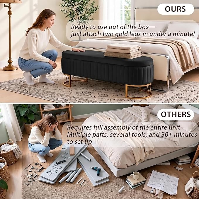 46" Storage Ottoman Bench, Velvet Oval End of Bed Bench Black | Easy 1-Min Assembly, High-Resilience Foam, Large Hidden Storage, Sturdy Gold Metal Legs