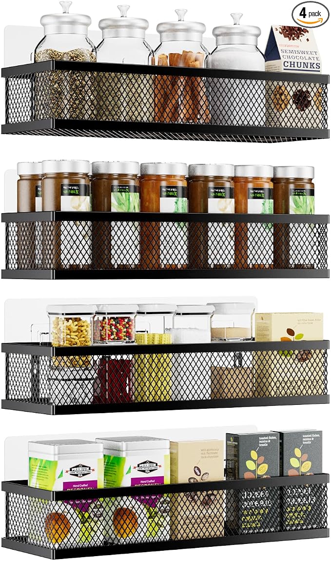 Spice Rack Wall Mount, 4 Pack Pantry Door Organizer & Hanging Storage Baskets Organizer Wall Mount, Large Capacity Metal Spice Shelf for Kitchen Cabinet, Pantry Doors, Bathroom, Shower, Home Decor