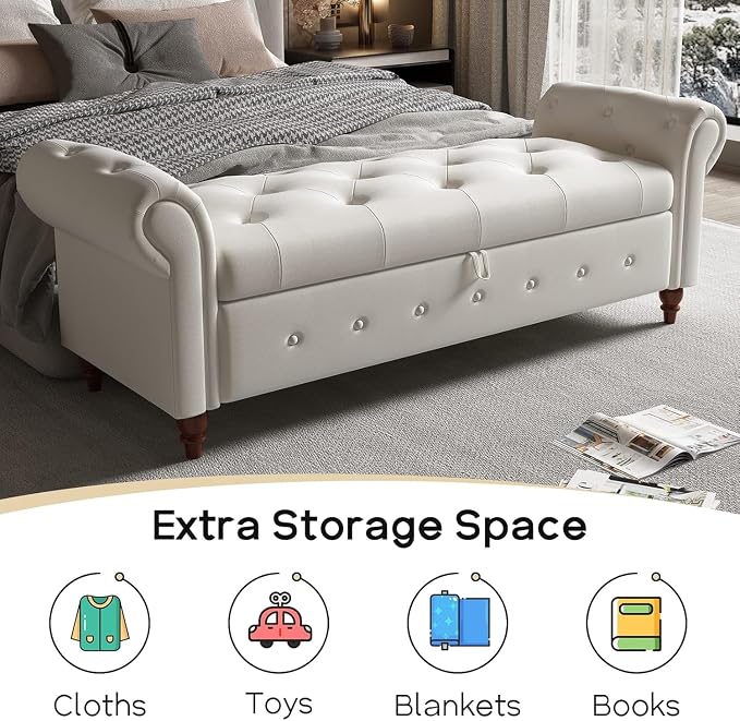 NIOIIKIT 63'' Storage Ottoman Bench, Tufted Entryway Bench Beige Polyester | Button Tufted End of Bed, Large Storage Space, Rolled Armed Ottoman Couch Long Bench for Bedroom, Living Room, Hallway
