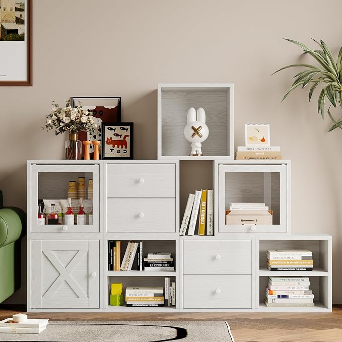FUSUNBAO Magic DIY Cube Storage Organizer Stackable Cubes for Home Books Clothes Toy-Modular Cubby Storage System-Office Cubical-Bookcase Closet(Pure White-Washed, Glass Door Cube)