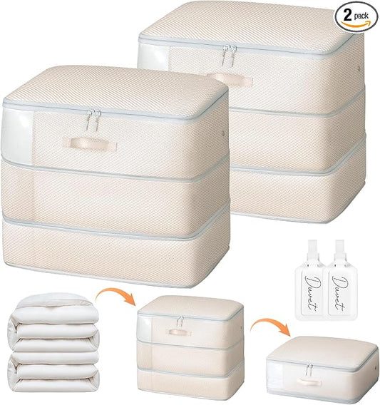 Comforter Storage Bag - Large Capacity Blanket Storage Bags 3-Layer Ultra Space Saving Self Compression Organizer, Washable Compression Bags for Storage Comforter Blanket, 2-Pack, Beige