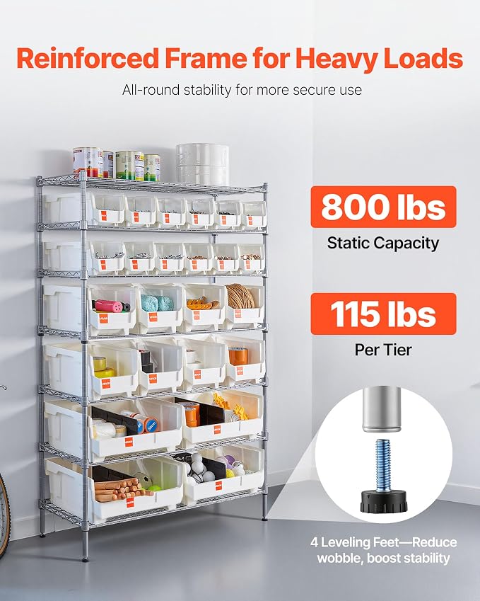 VEVOR 7-Tier Rolling Bin Storage Rack, 24 Organizer Bins, Bin Rack Storage Steel Wire Shelving System with Wheels, Mobile Tool Organizer for Garage, Warehouse, Office, Restaurant, Classroom, Kitchen