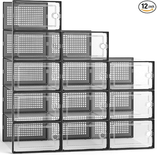 Kuject 12 Pack Large Shoe Boxes, Clear Stackable Containers with Lids,Black | Shoe organizers for closet & entryway, under-bed,Drop-front design fits women's size 10